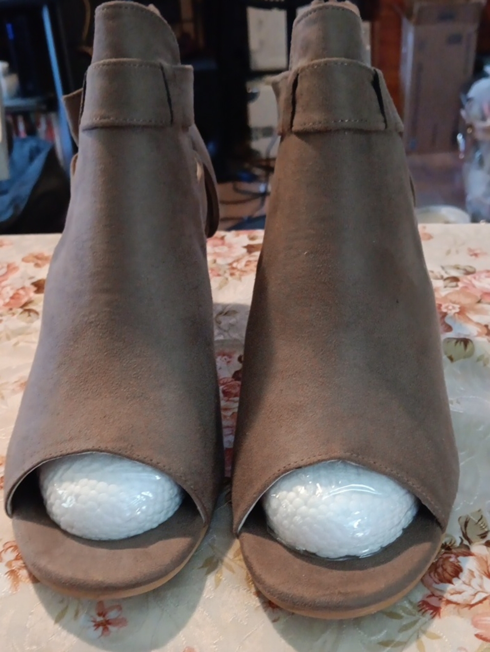 Women’s Open-Toe Ankle Booties in Taupe